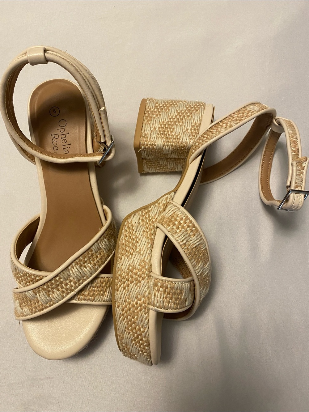 Ophelia Roe Chunky Heel Basket Weave Heels With Ankle Strap. (adjustable) Size 6